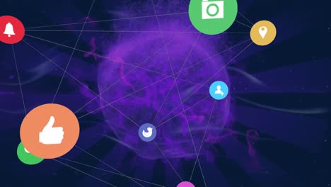 network of digital icons against purple digital waves and radial waves on blue background