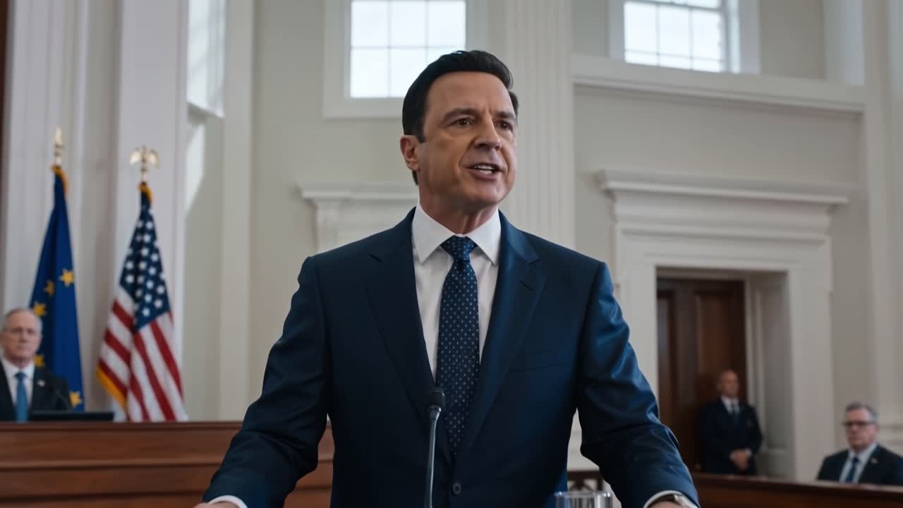 Homem de terno fala em pódio em um salão formal. Bandeiras estão atrás dele, incluindo a Bandeira dos EUA. Ele gesticula enquanto fala, focado e confiante. Adequado para eventos políticos, conferências de imprensa.