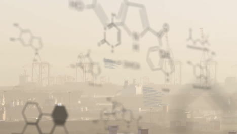 animación de estructuras moleculares y lenguaje informático sobre niebla cubierta ciudad moderna contra el cielo