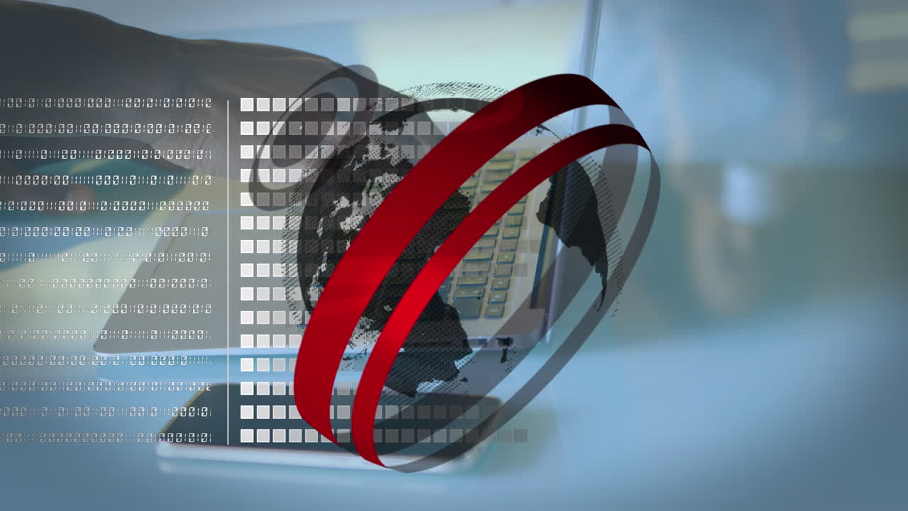 animación de la red de conexiones y el globo sobre la persona que utiliza la computadora portátil