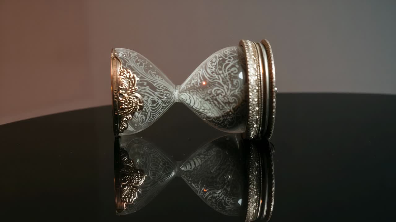 Subtle ambient lighting shifting, illuminating ornate metal hourglass on reflective black tabletop