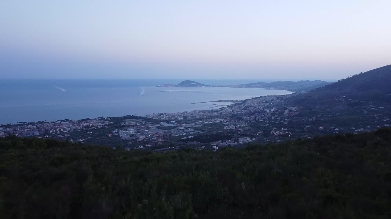 la ciudad y el puerto de geoto en la costa de italia, revelan una mosca cerca del arbusto de flores