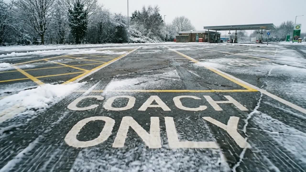 Low Angle View of a Snowy Coach Parking Lot at a Gas Station