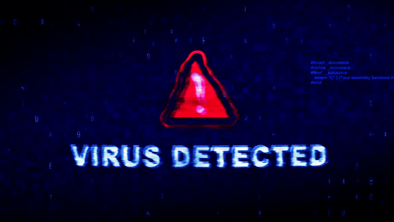 virus detectado texto ruido digital sacudida glitch distorsión efecto error animación de bucle.