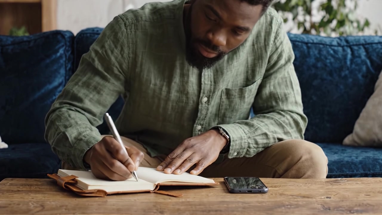 A Focused Individual Engaged in Writing and Digital Communication in a Cozy Room with a Blue Couch and Green Plants in the Background