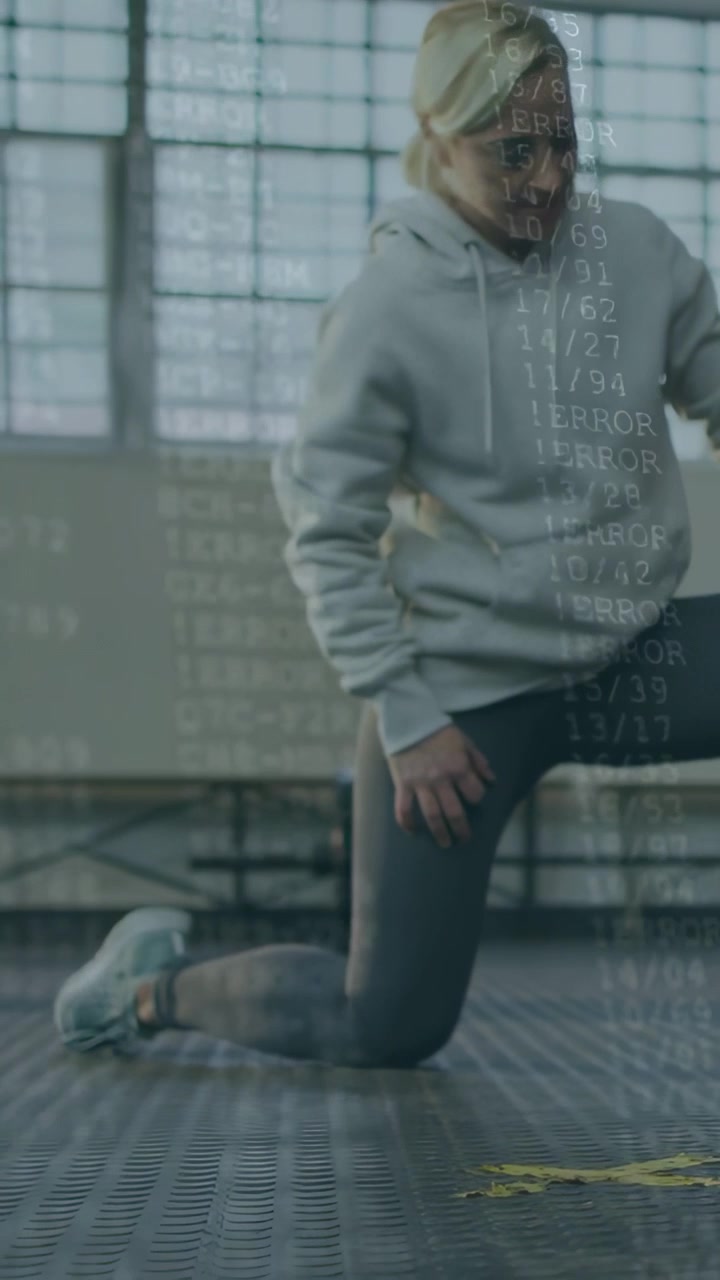 Vertical video: Woman kneeling steadying hand, glancing as fitness HUD appears, tracking metrics