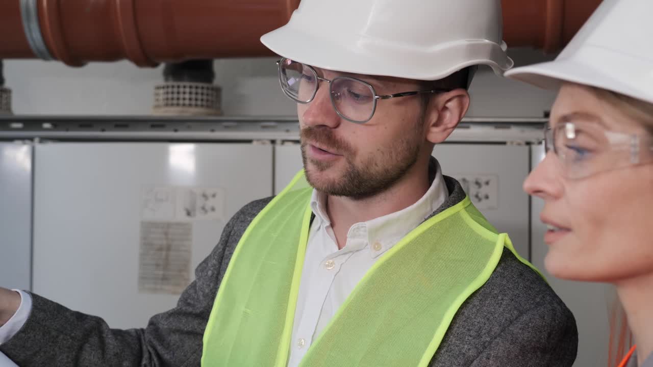 Closeup Two Diverse Professional Industry Engineers Wearing Safety Uniform and Hard Hats Working on Laptop Computer Using Blueprints. Technician and Female Worker Talking on a Meeting in Boiler Room.