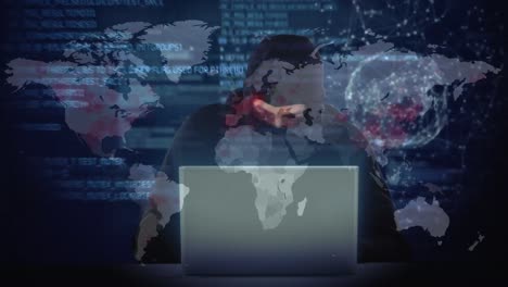 animation of data processing over hacker with laptop