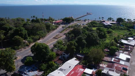 Drone Shot of Lake Nicaragua Coast in Granada Town, Port Building, Pier and Lakefront Park