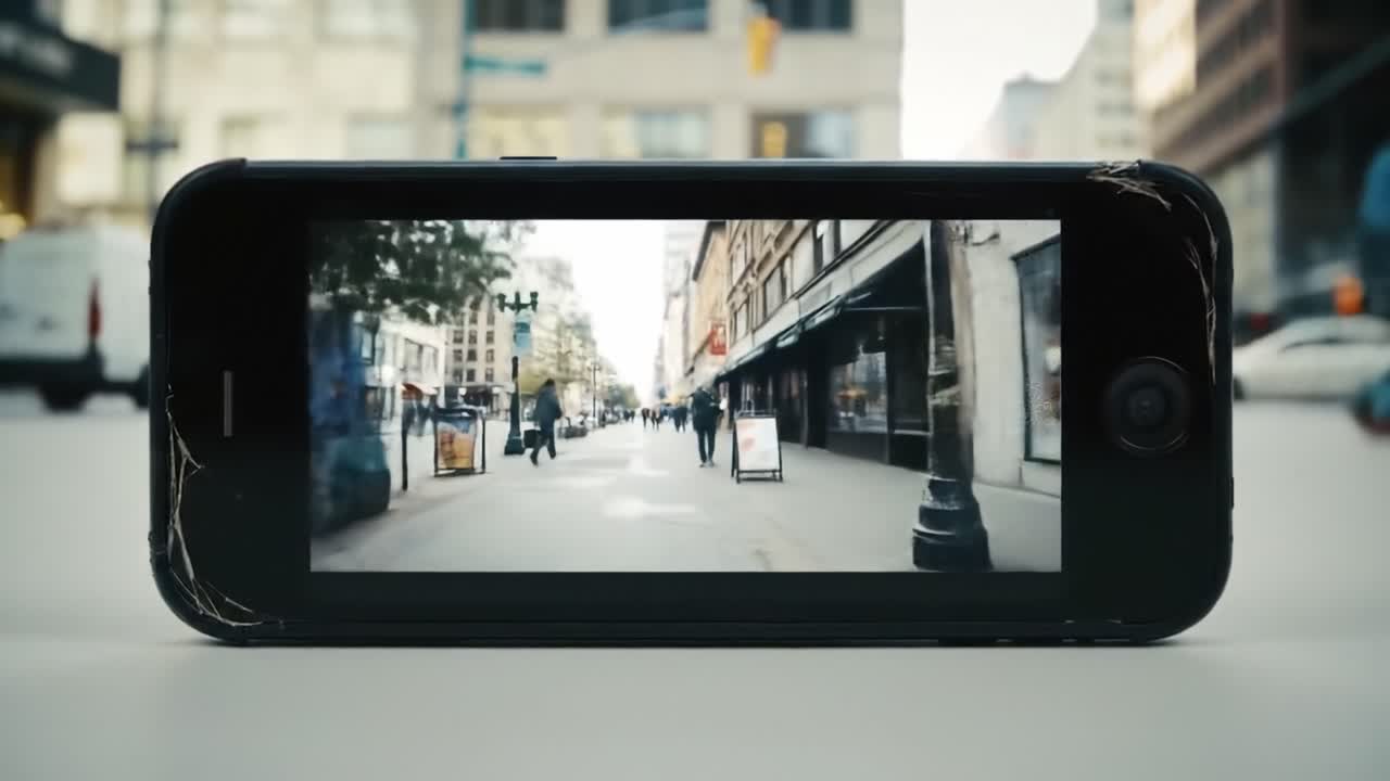 Pedestrians stroll through a busy urban street as city life unfolds. The atmosphere is lively with people going about their day. A close-up of a phone showcases this vibrant scene.
