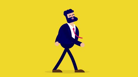 animated businessman walking with big smile on face