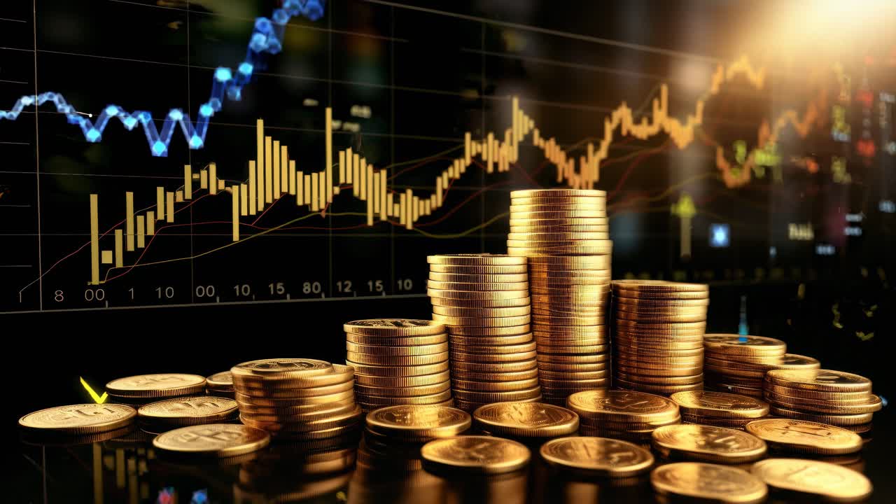 Low-angle shot of stacked coins with a stock market graph in the background, conveying financial