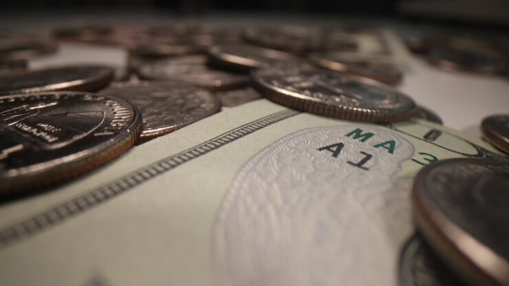Dollar American banknotes and coins large quantities. Financial economic crisis