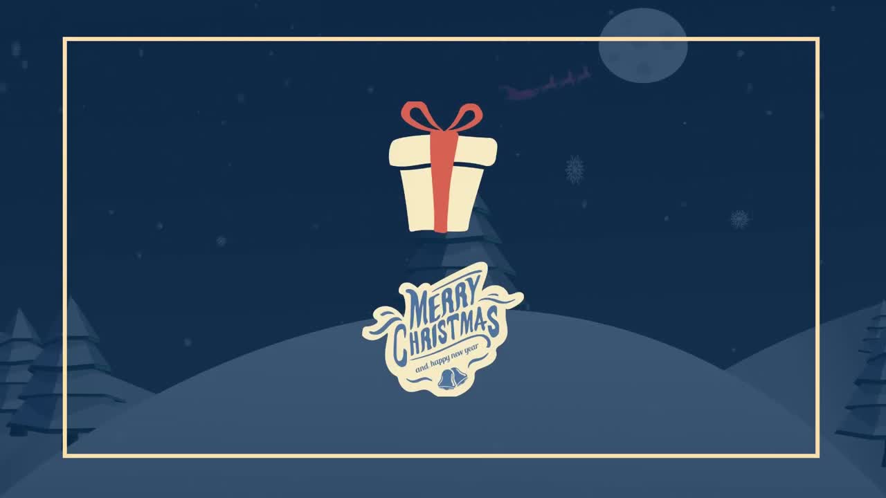 메리 크리스마스 텍스트와 밤새 선물 풍경의 애니메이션