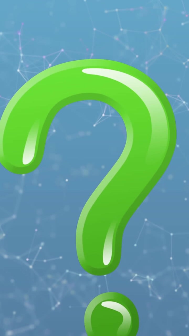 Animation of question mark over network of connections on blue background
