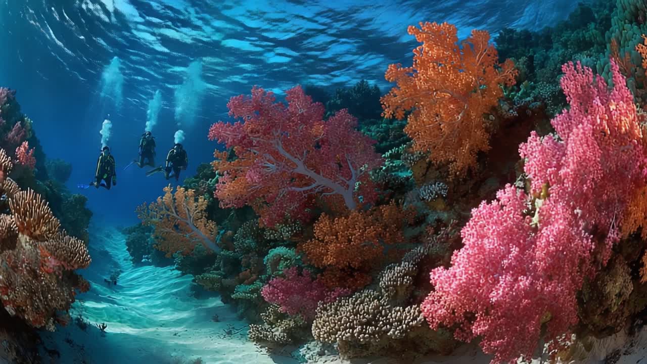 Esplorando il Vibrante Mondo Sottomarino: Subacquei Che Navigano Tra Barriere Coralline Colorate in un Incontaminato Ambiente Oceanico