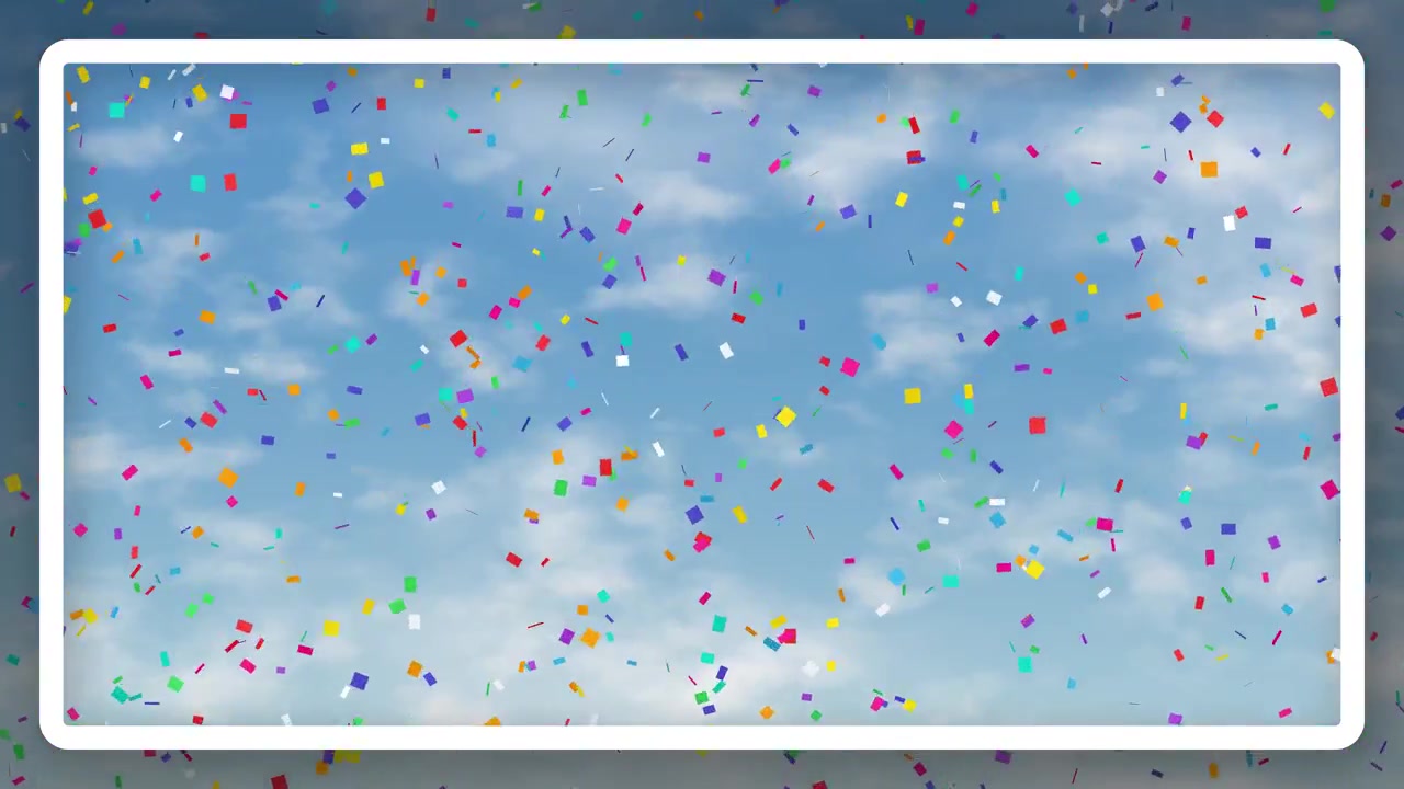 Pezzi di coriandoli vivaci e multicolori fluttuano lentamente attraverso un cielo azzurro brillante con nuvole soffici
