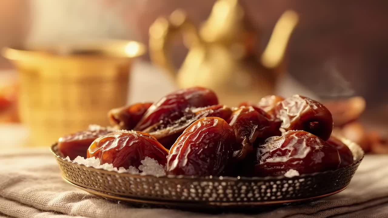 Close-up video of dates on a plate, warm tones, shallow depth of field, inviting ambiance