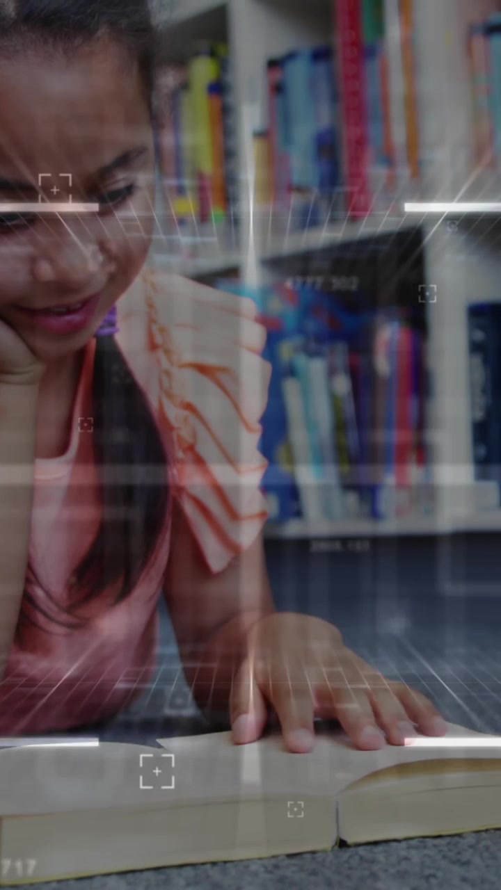 Animation of data processing over girl reading