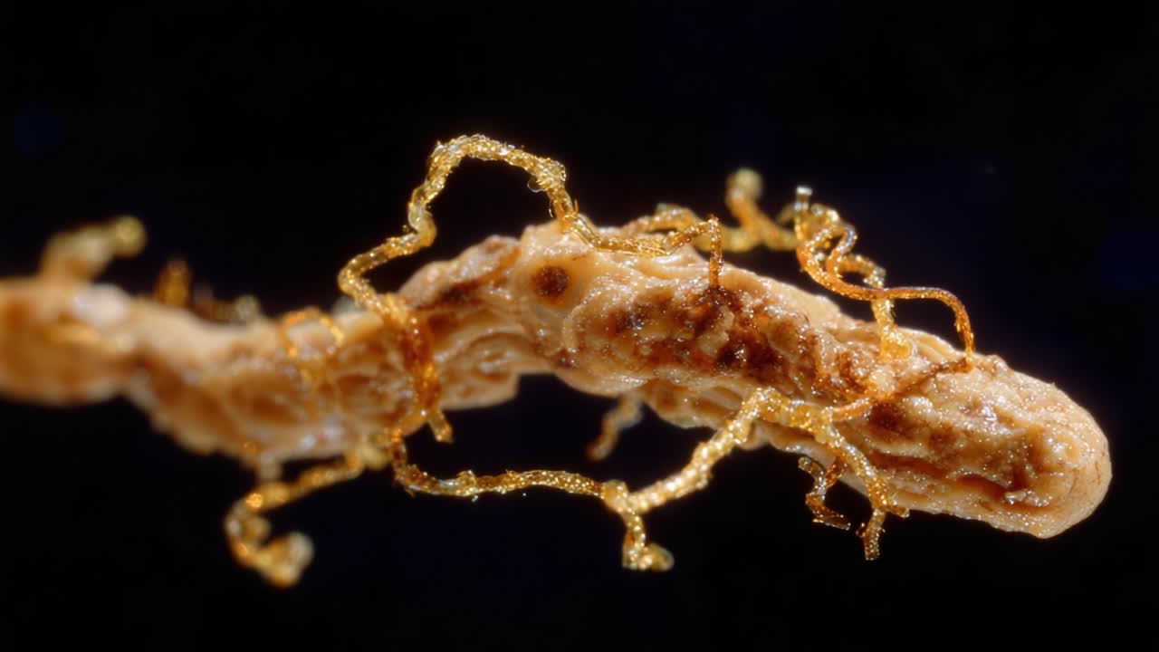 Close-up View of a Microscopic Structure: Unraveling the Intricacies of a Unique Organic Organism with Thread-like Extensions and Intriguing Textures