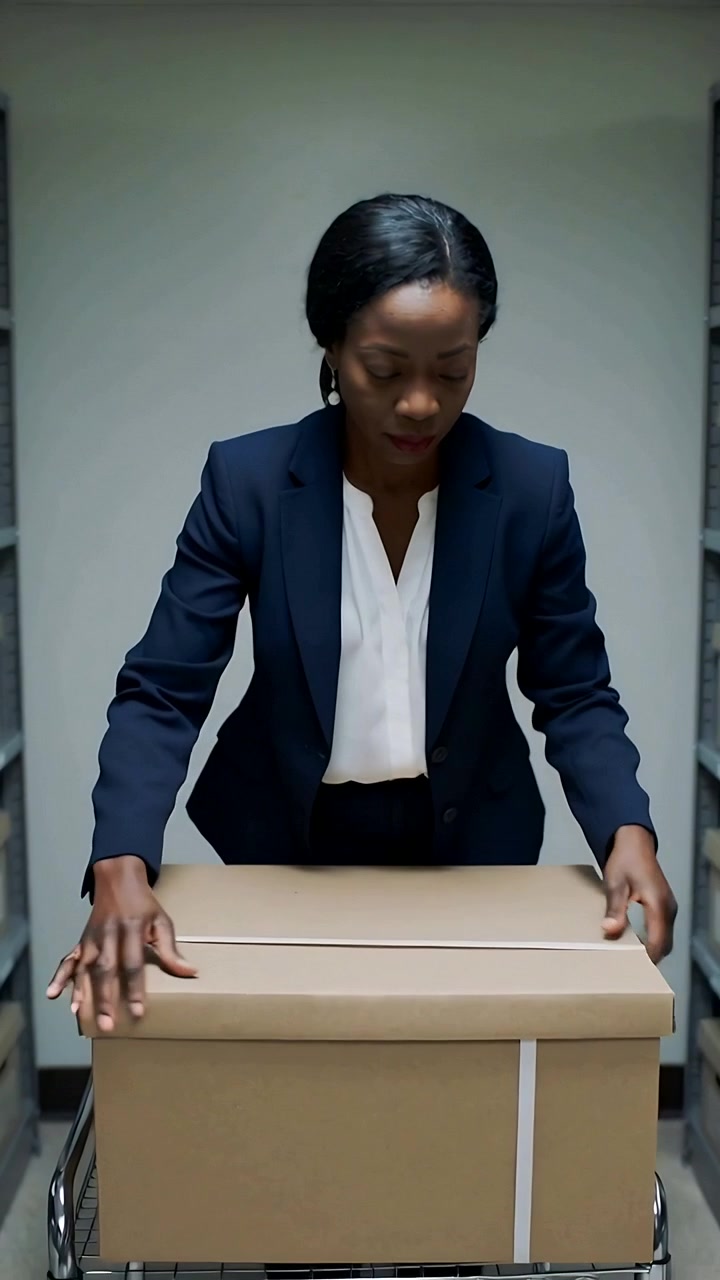 Video verticale: Donna in blazer che solleva un coperchio, controlla i documenti negli archivi e fissa una cinghia su una scatola.