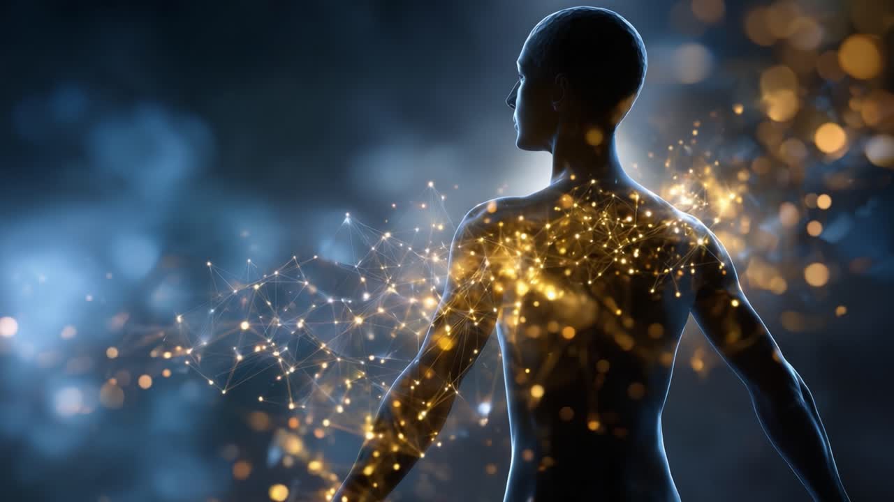 Uma figura humana se destaca em um plano de fundo desfocado, com partículas e luz formando uma aura etérea, simbolizando conexão, energia e a essência da existência.