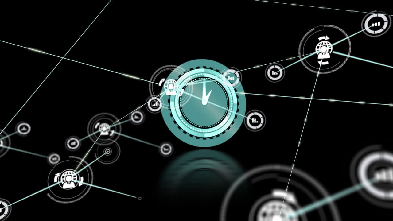 Animation of network of connections with icons over clock