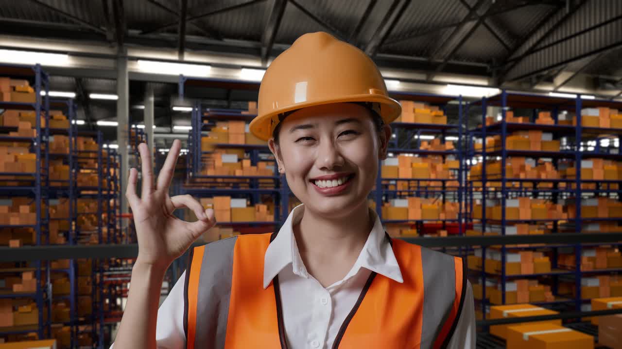 창고 직원이 ok 신호를 주고 있습니다.