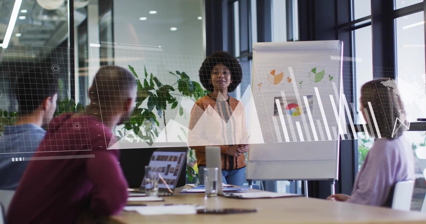 Animation of financial data processing over diverse business people in office