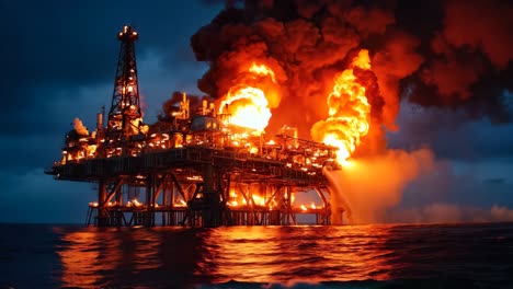 an oil rig on fire in the ocean