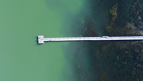 drone aerial landscape of long jetty boardwalk walkway wooden timber pier fishing dock in tuggerah lake lagoon water catchment the entrance central coast australia travel tourism infrastructure