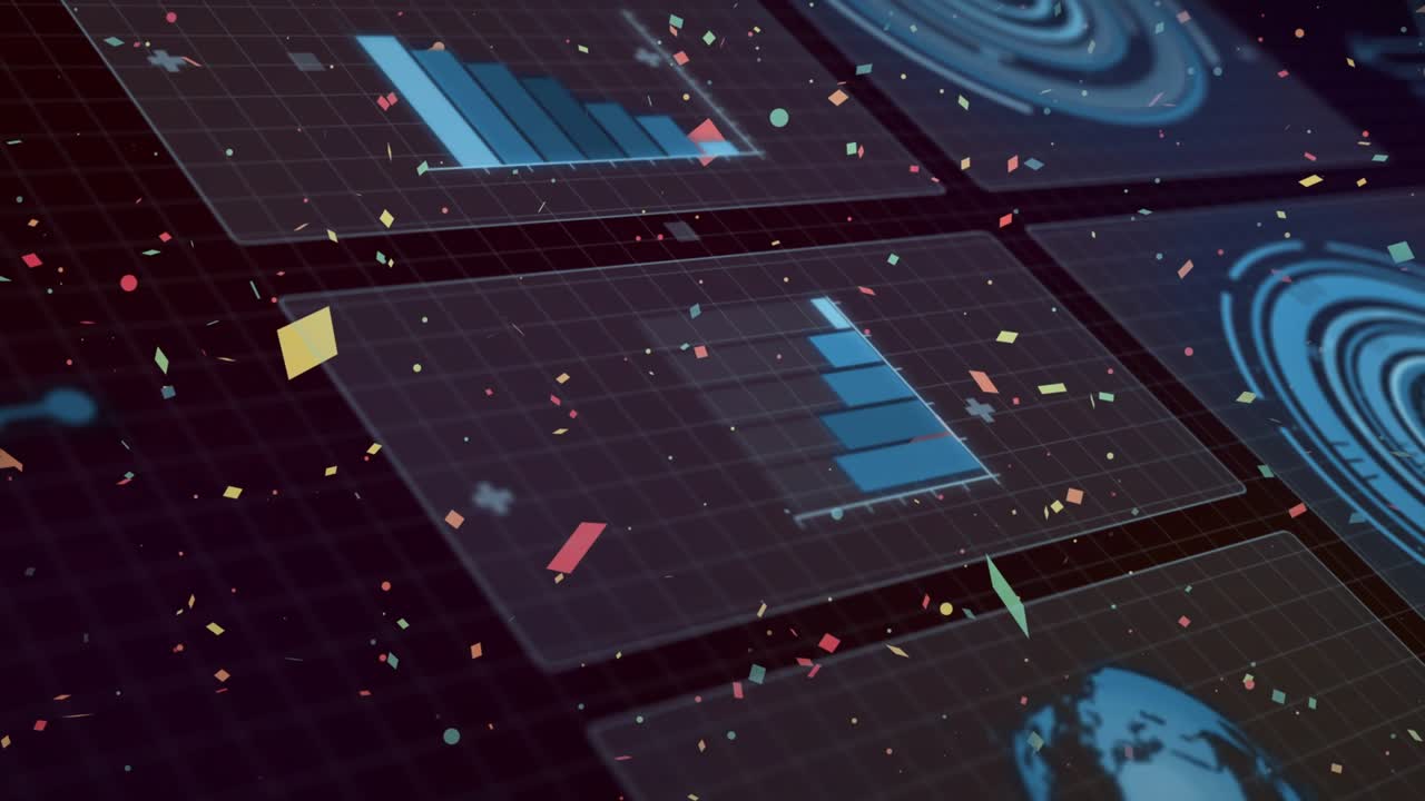 Axis appearing starting two data panels filling blue bars, particles drifting visualizing trends