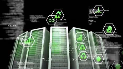 animation of data processing and ecology icons over server room