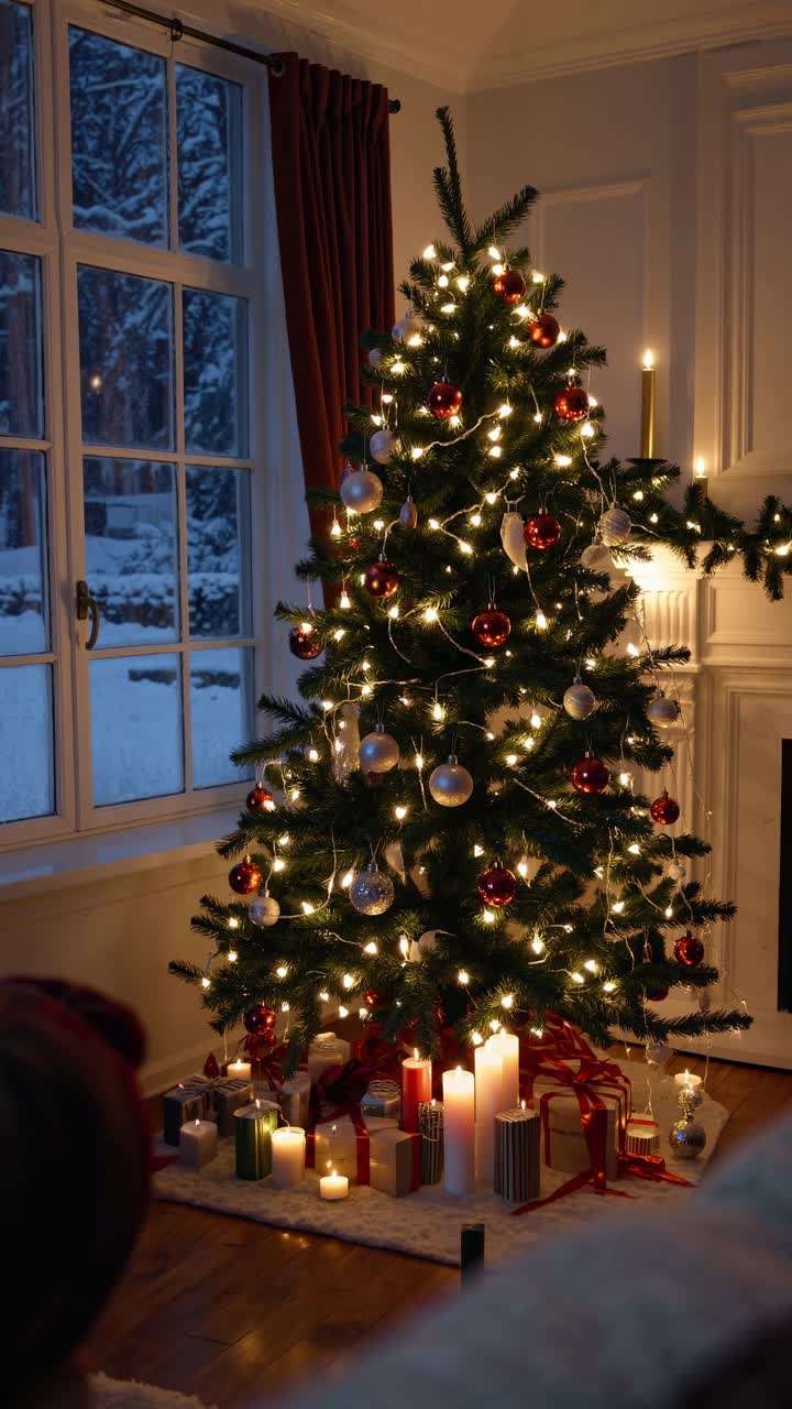 Cozy Christmas scene with a decorated tree by a fireplace. Shot from a low angle, perfect
