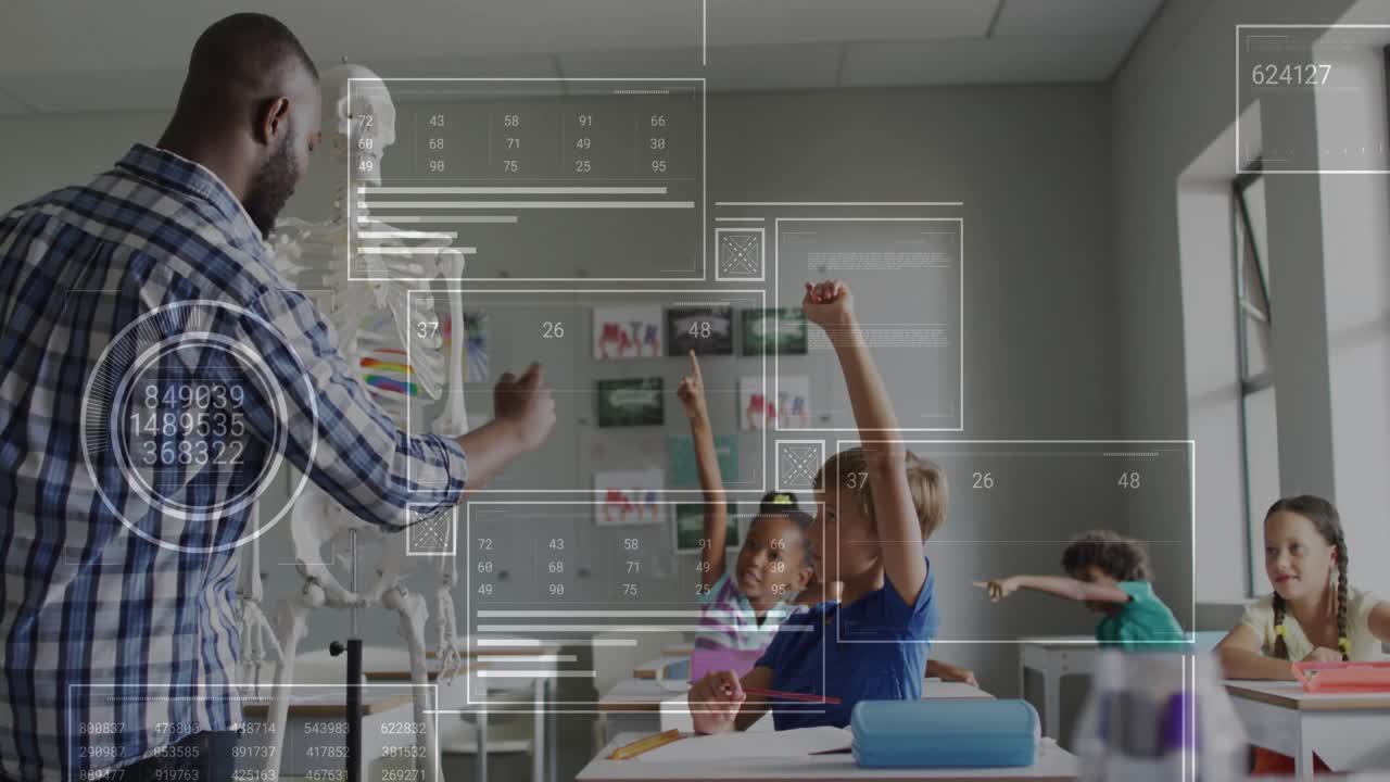Instructor speaking by skeleton causing numeric overlays appearing over students for anatomy lesson