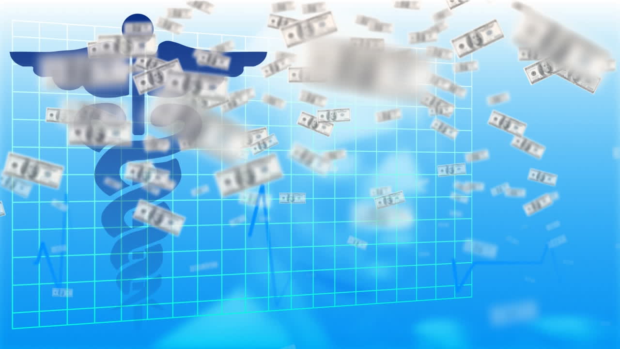 미국 달러 지폐의 애니메이션이 cadeceus 위로 올라갑니다.