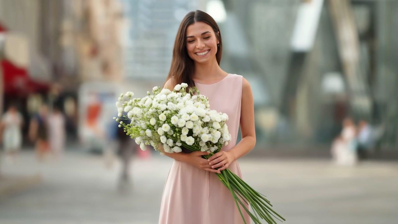 Una giovane donna in un abito rosa pallido senza maniche si trova in una piazza cittadina, tenendo un grande bouquet di fiori bianchi con lunghi steli verdi. Sorride alla macchina fotografica.