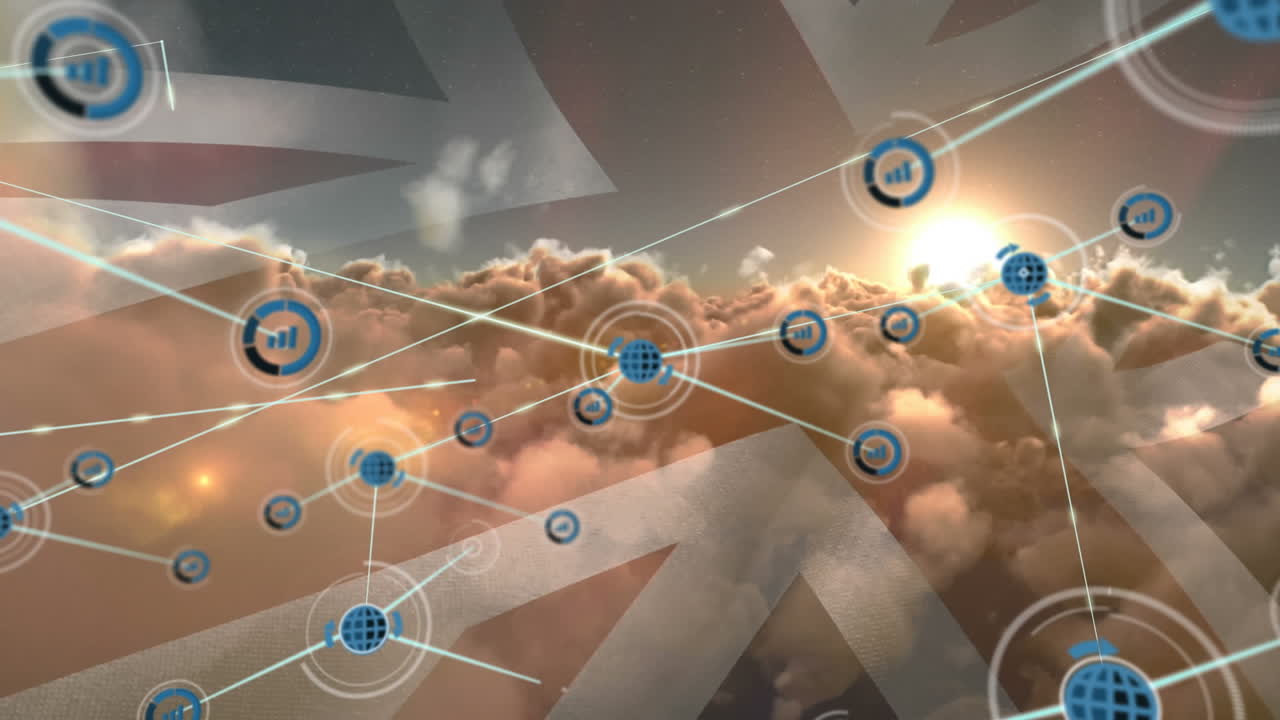 영국 국기를 흔드는 하늘의 구름과 태양 위에 프로필 아이콘 네트워크의 애니메이션