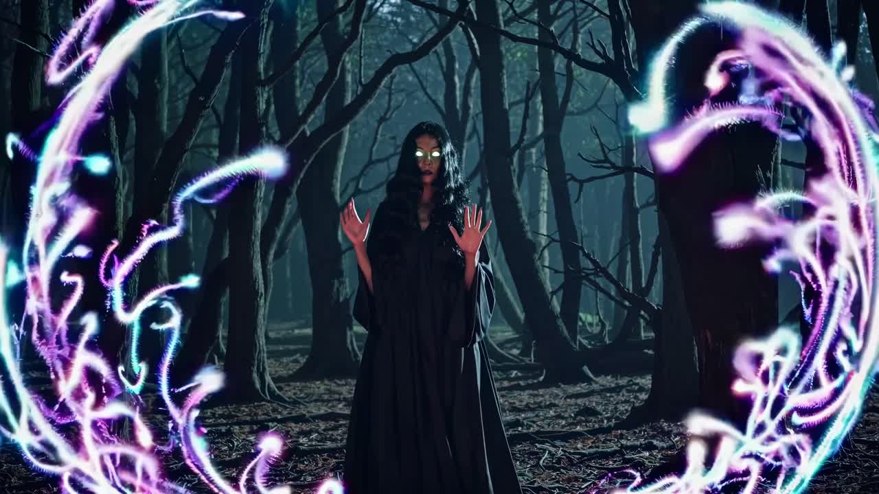 A mystical video scene with a frontal camera angle, featuring a cloaked figure in a dark forest