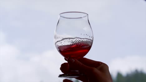 glass of wine swirling slow motion with the sky in the background