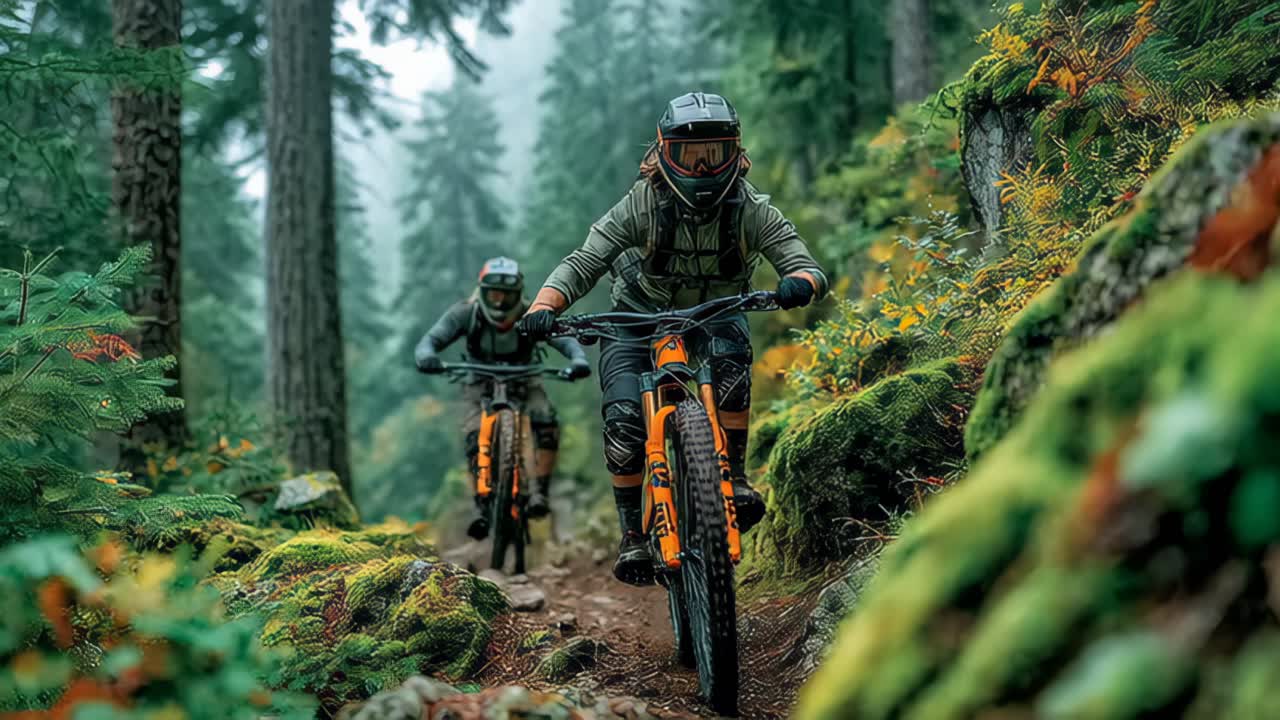 Thrilling mountain bike ride through mossy forest trail