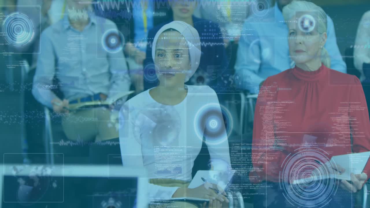 행복한 다양한 남녀 비즈니스 동료들이 사무실에서 손을 박는 애니메이션