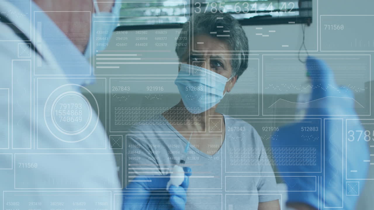 medical professional preparing vaccine for senior patient in clinic, showing animated syringe icons