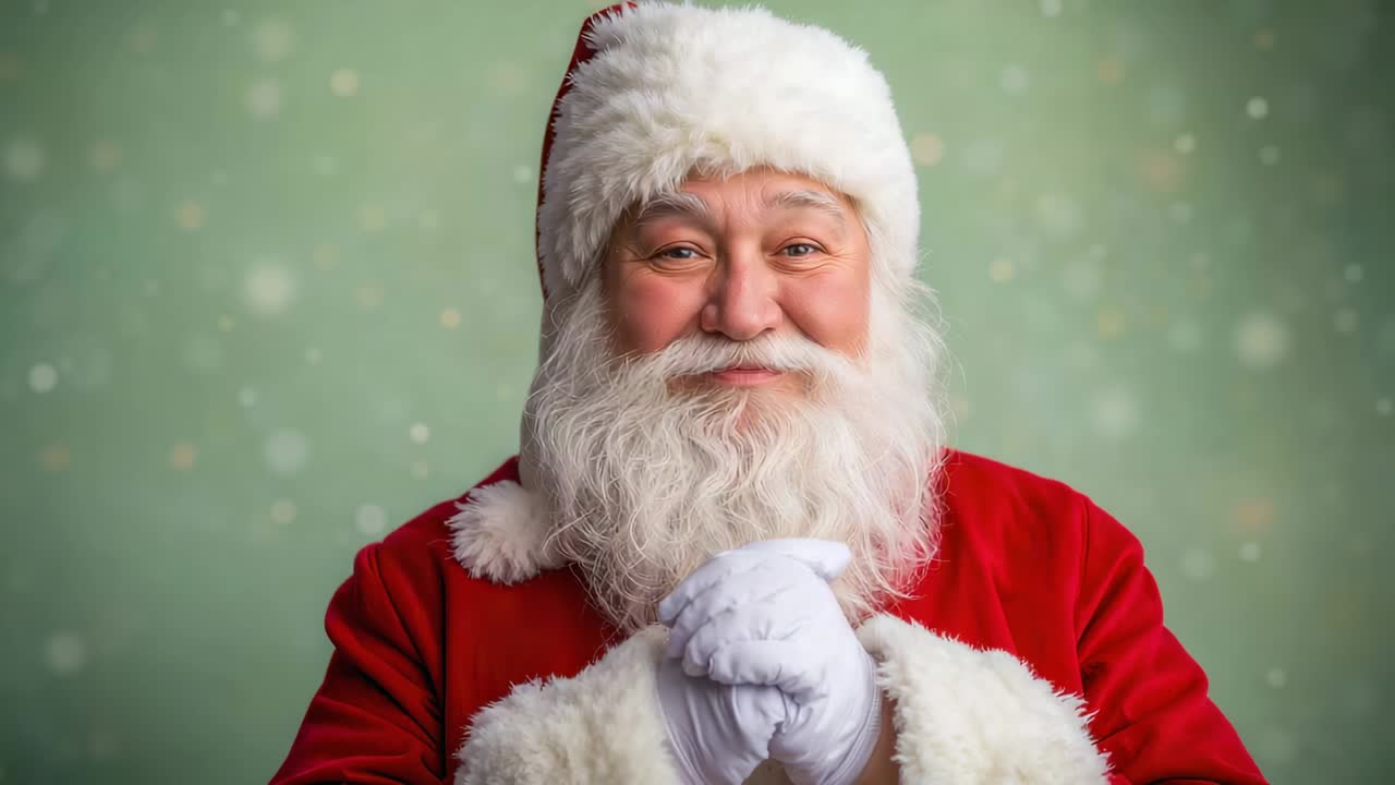 Smiling Santa Claus closing eyes turning left at studio set, wearing red coat for holiday portrait