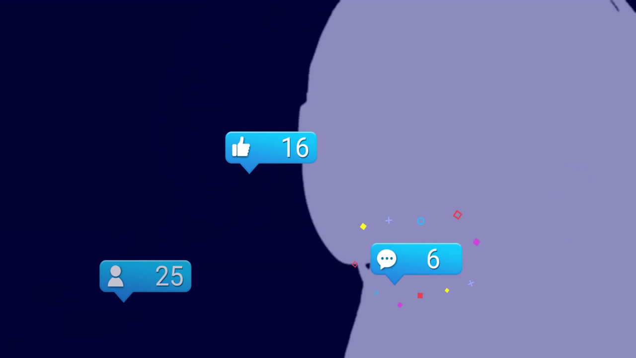 Social media notifications animation over silhouette of person