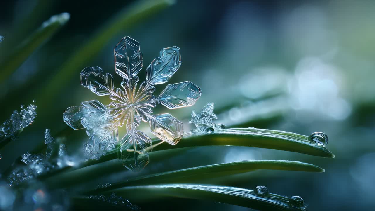 Captivating Close-up of a Perfect Snowflake Resting Gracefully on a Needle of Green Grass, Showcasing Intricate Patterns and Gleaming Ice Crystals Surrounded by Dewdrops in a Natural Setting