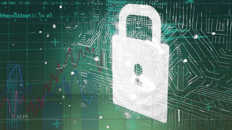 Animation of digital padlock with integrated circuit over financial data on green background