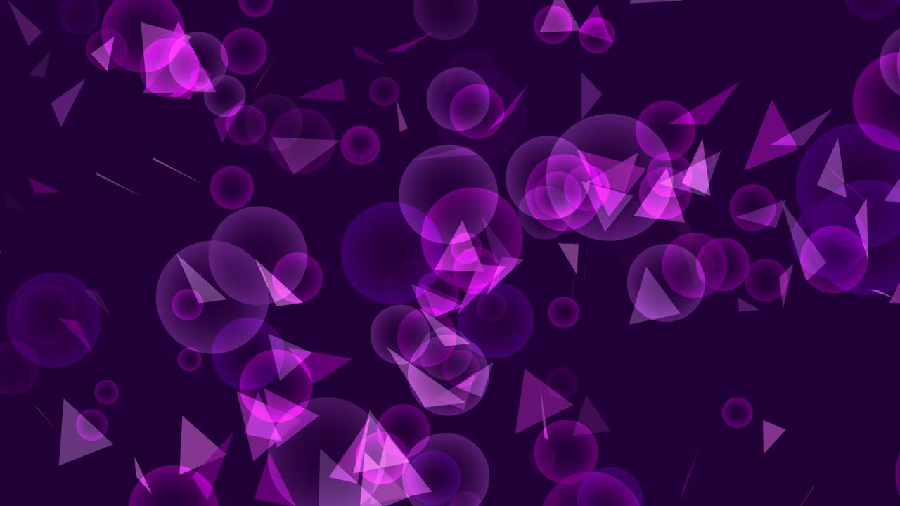 burbujas de triángulo violeta de varios tamaños y movimiento de vuelo del triángulo en fondo púrpura
