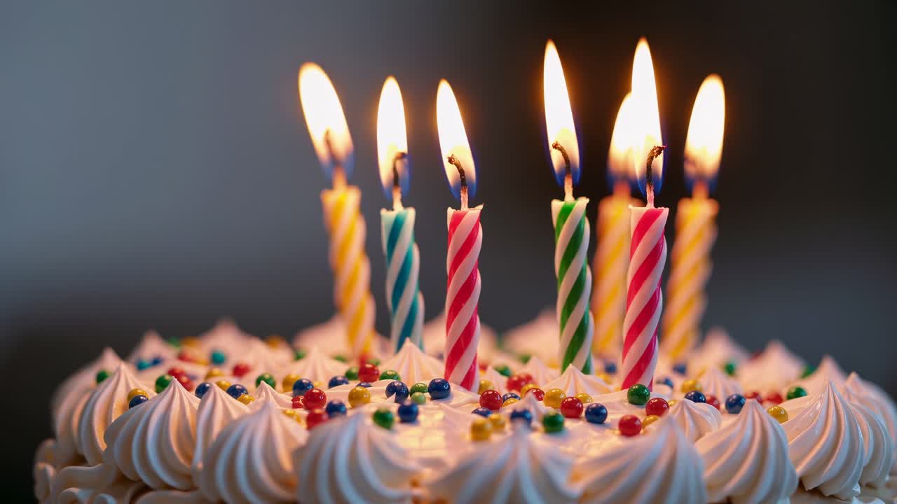 Close-up video shot of a birthday cake with lit candles. The focus is on colorful, swirled candles