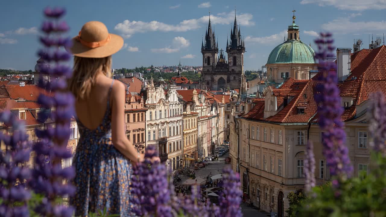 Una vista impresionante de un paisaje urbano vibrante con arquitectura histórica, flores preciosas y una mujer reflexiva con un sombrero para el sol disfrutando de la belleza escénica